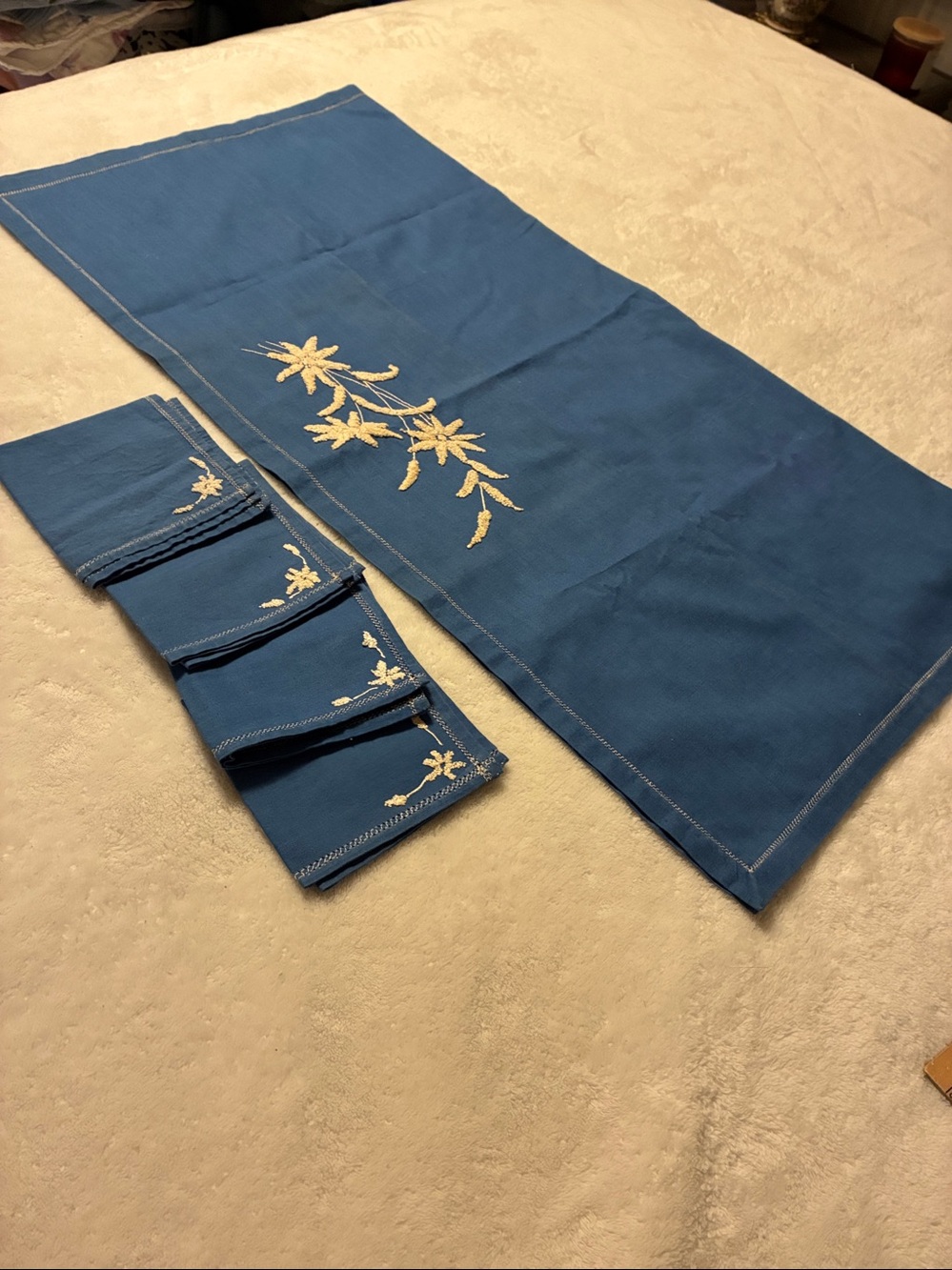 Vintage Slate Blue Bridge Tablecloth & Napkins Set - White Hand Embroidery Hemst